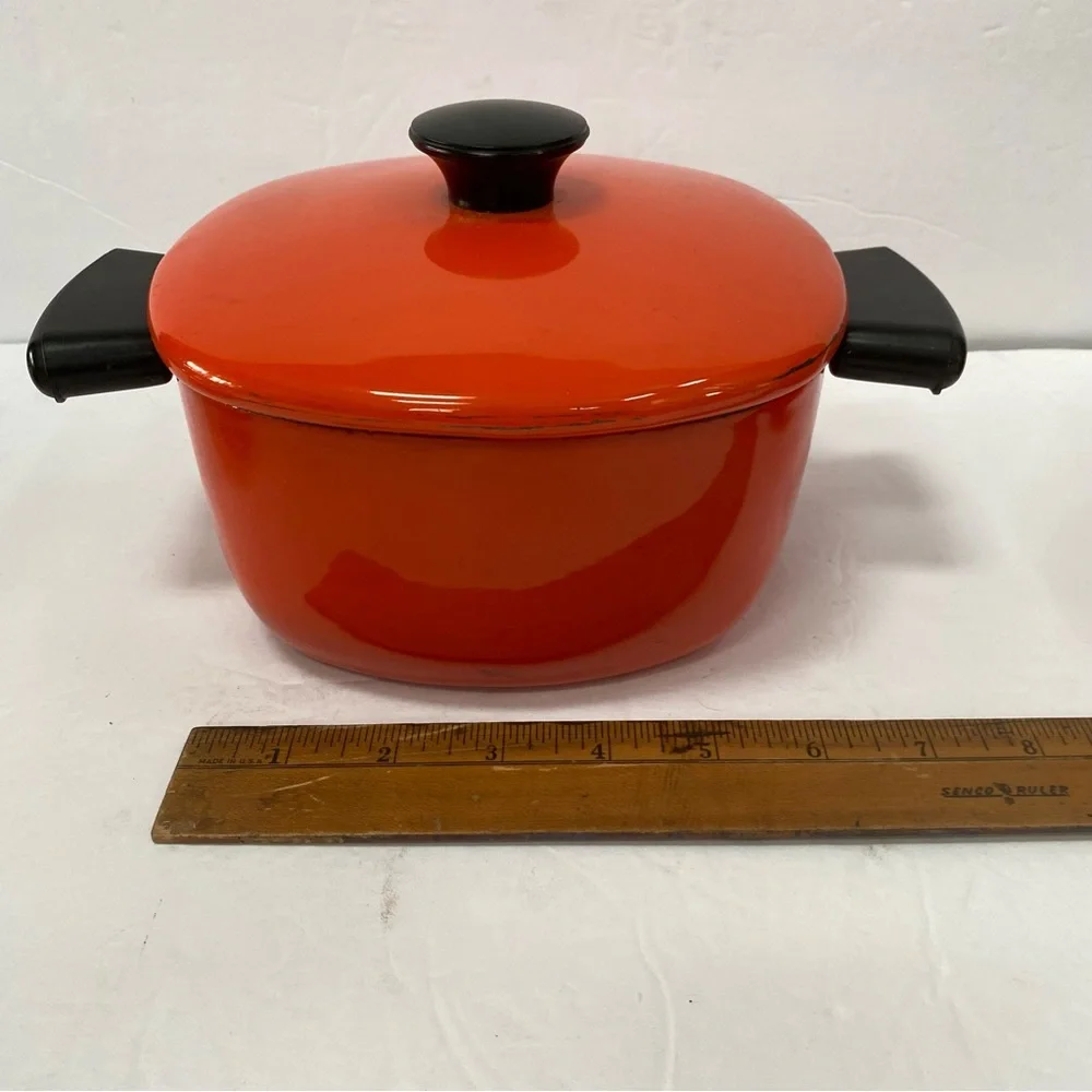 Lot of 3 Small Orange Enamel Pots and Lids Bakeware Iron Metal with Handles